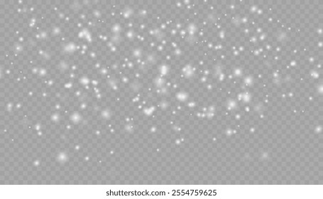 Realistic falling snow with snowflakes and clouds. Vector heavy snowfall, snowflakes in different shapes and forms. Many white cold flake elements on transparent background.