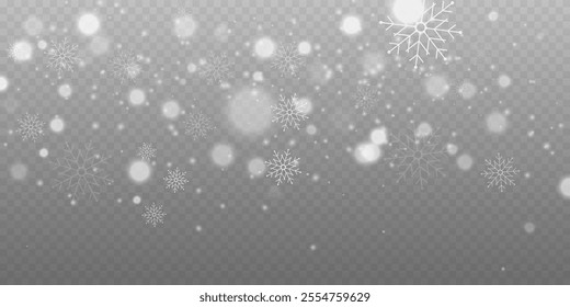 Realistic falling snow with snowflakes and clouds. Vector heavy snowfall, snowflakes in different shapes and forms. Many white cold flake elements on transparent background.