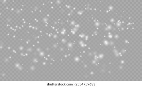 Realistic falling snow with snowflakes and clouds. Heavy snowfall, snowflakes in different shapes and forms. Many white cold flake elements on transparent background. Snowfall. Falling Snowflakes