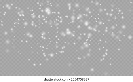 Realistic falling snow with snowflakes and clouds. Vector heavy snowfall, snowflakes in different shapes and forms. Many white cold flake elements on transparent background.