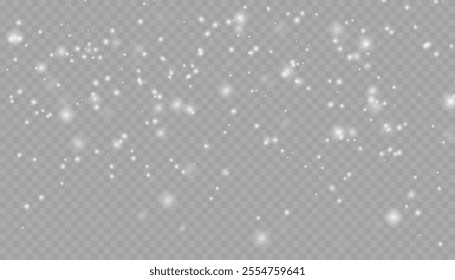 Realistic falling snow with snowflakes and clouds. Heavy snowfall, snowflakes in different shapes and forms. Many white cold flake elements on transparent background. Snowfall. Falling Snowflakes