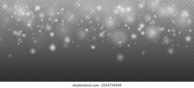 Realistic falling snow with snowflakes and clouds. Heavy snowfall, snowflakes in different shapes and forms. Many white cold flake elements on transparent background. Snowfall. Falling Snowflakes