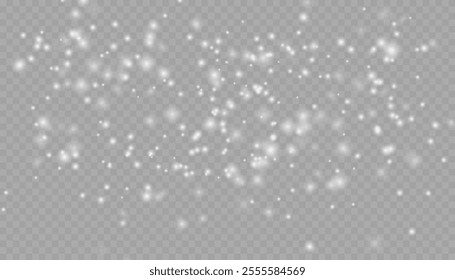 Realistic falling snow with snowflakes and clouds. Heavy snowfall, snowflakes in different shapes and forms. Many white cold flake elements on transparent background. Snowfall. Falling Snowflakes