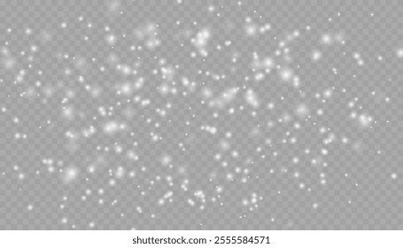 Realistic falling snow with snowflakes and clouds. Heavy snowfall, snowflakes in different shapes and forms. Many white cold flake elements on transparent background. Snowfall. Falling Snowflakes