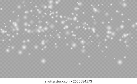 Realistic falling snow with snowflakes and clouds. Heavy snowfall, snowflakes in different shapes and forms. Many white cold flake elements on transparent background. Snowfall. Falling Snowflakes