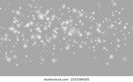 Realistic falling snow with snowflakes and clouds. Heavy snowfall, snowflakes in different shapes and forms. Many white cold flake elements on transparent background. Snowfall. Falling Snowflakes