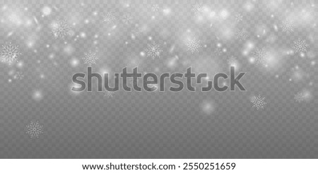 Realistic falling snow with snowflakes and clouds. Heavy snowfall, snowflakes in different shapes and forms. Many white cold flake elements on transparent background. Snowfall. Falling Snowflakes