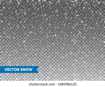 Realistic falling snow with snowflakes. Winter transparent background for Christmas or New Year card. Frost storm effect, snowfall, ice. Vector illustration.