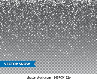 Realistischer fallender Schnee mit Schneeflocken. Wintertransparenter Hintergrund für Weihnachten- oder Neujahrskarte. Froststurmeffekt, Schneefall, Eis. Vektorgrafik.