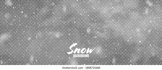 Cae nieve realista con copos de nieve. Fondo transparente de invierno para la tarjeta de Navidad o Año Nuevo. Efecto de tormenta de escarcha. Ilustración vectorial.