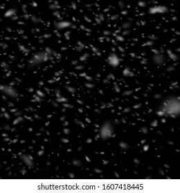 Realistic falling snow texture isolated on black background. Christmas and new year design. Vector illustration