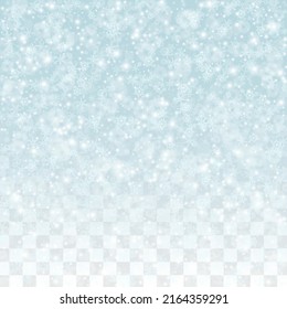 Realistischer Schneeflocken-Hintergrund. Blauer Frozen Himmel mit Schnee. Weihnachts- und Neujahrsrahmen-Design.