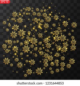 Realistic falling snowflakes isolated on transparent background. Winter background with snow and snowflakes. Magic white snowfall texture. Christmas design. Vector illustration