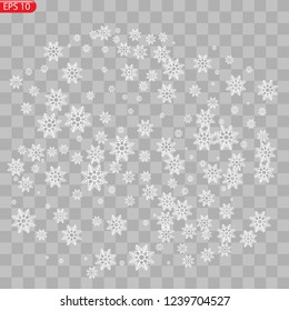 Realistic falling snowflakes isolated on transparent background. Winter background with snow and snowflakes. Magic white snowfall texture. Christmas design. Vector illustration