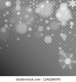 Realistic falling snowflakes isolated on transparent background. Shiny snowflakes.christmas background.