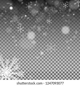 Realistic falling snowflakes isolated on transparent background. Shiny snowflakes.christmas background.