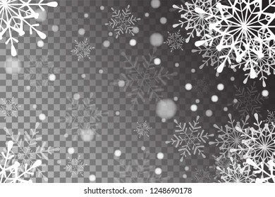 Realistic falling snowflakes isolated on transparent background. Shiny snowflakes.christmas background.