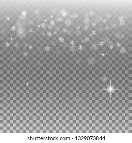 Realistic falling snowflakes isolated on transparent background. Shiny snowflakes.christmas dark background.