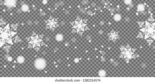 Realistic falling snowflakes isolated on transparent background. Shiny snowflakes.christmas background