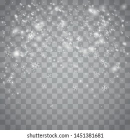 Realistic falling snowflakes. Isolated on transparent background. Illustration for Happy New Year 