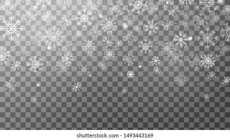 Realistic falling snowflakes isolated on transparent background. Winter background with snow and snowflakes in different shapes. Magic white snowfall texture. Christmas design. Vector illustration.