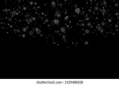 Realistic falling snowflakes. Isolated on black background. Vector illustration