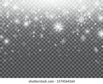  Las nevadas que caen de manera realista se aíslan sobre un fondo transparente.Fondo invernal con nieve. Copos de nieve blancos volando en el aire. Textura mágica de nevada. Diseño navideño. Ilustración vectorial.