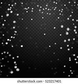 Realistic falling snowflakes isolated on transparent checkered background. Vector illustration.