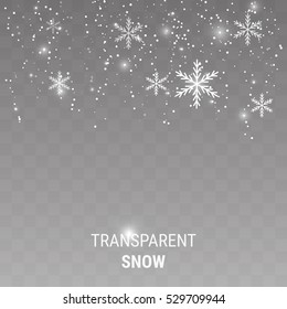 Realistic falling snowflakes isolated on transparent background. Shiny snowflakes