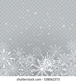 Realistic falling snowflakes isolated on transparent background. Vector illustration