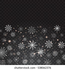 Realistic falling snowflakes isolated on transparent background. Vector illustration