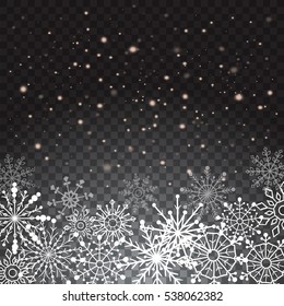 Realistic falling snowflakes isolated on transparent background. Vector illustration