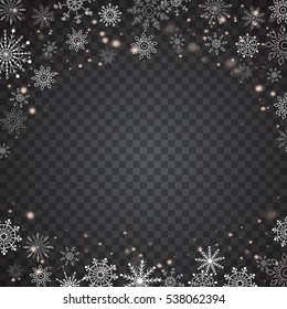 Realistic falling snowflakes isolated on transparent background. Vector illustration