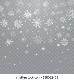 Realistic falling snowflakes isolated on transparent background. Vector illustration