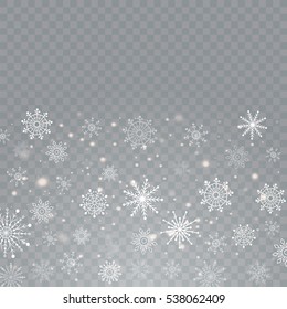 Realistic falling snowflakes isolated on transparent background. Vector illustration