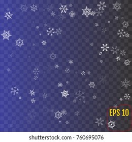 Realistic falling snowflakes isolated on transparent background. Shiny snowflakes