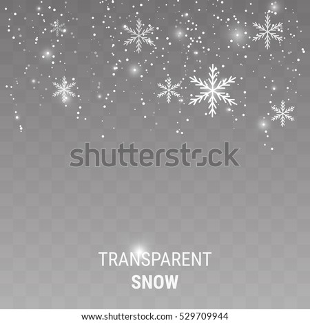 Realistic falling snowflakes isolated on transparent background. Shiny snowflakes