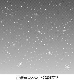 Realistic falling snowflakes on grey background. Christmas and New Year concept vector background. Winter seasonal backdrop.