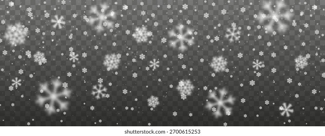 Copos De Nieve Caídos Realistas Sobre Fondo Transparente Con Resplandor Suave Y Efecto Bokeh. Navidades De Invierno Superposición De Nevada Para El Diseño Y La Decoración. Ilustración vectorial.