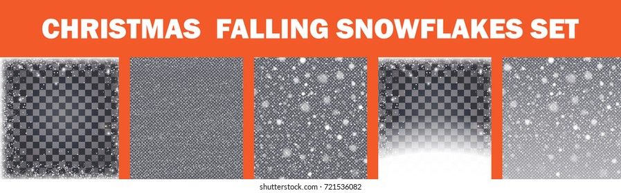 Realistic falling snowflakes set . Isolated on transparent background. Vector illustration