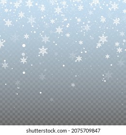 Realistic falling snowflakes. Snowfall, blizzard, frosty winter, snowflakes, snow fluff. Christmas and New Year illustration for decoration. Cold winter. Vector illustration on png background.