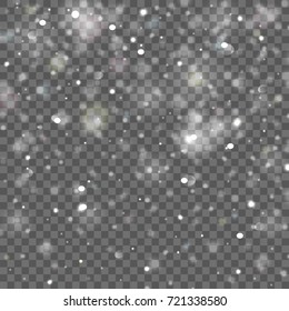 Realistic falling snowflakes, snowfall. Winter transparent background. Vector illustration, eps 10. 
