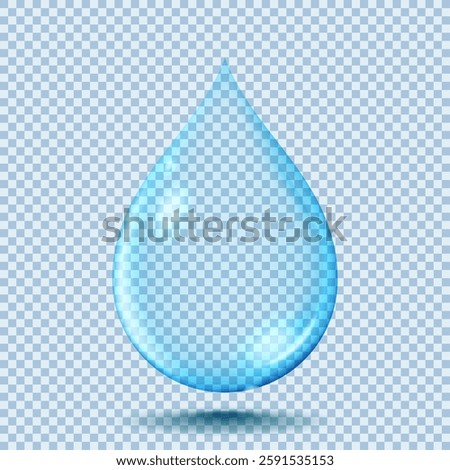 Realistic falling water drop. Realistic transparent droplet of water, rain, dew or collagen isolated on checkered background. Template of 3d vector transparent blue element.