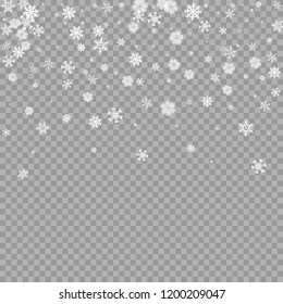 Realistic falling white snow overlay on transparent background. Snowflakes storm layer. Snow pattern for design. Snowfall backdrop texture. Vector illustration