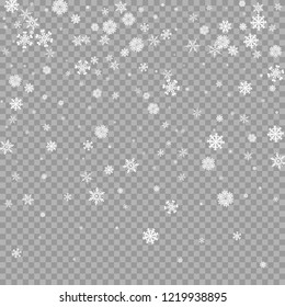Realistic falling white snow overlay on transparent background. Snowflakes storm layer. Snow pattern for design. Snowfall backdrop texture. Vector illustration