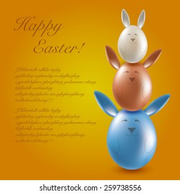 Realistic family of eggs rabbits on orange background. Easter collection. Vector illustration.