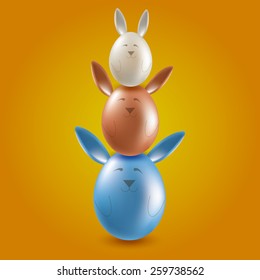 Realistic family of eggs rabbits on orange background. Easter collection. Vector illustration.