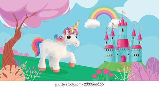 Realistic fantasy magic background with unicorn castle rainbow and pink trees cartoon vector illustration