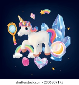 Fantasma realista composición mágica con objetos de dibujos animados de color crudo arco iris en fondo negro ilustración vectorial