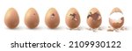 Realistic farm chicken egg broken, hatching chick stages. Cracked eggs with eggshell pieces. 3d fragile egg break in incubator vector set. Split shell with debris, cooking ingredient